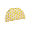 A light yellow clutch bag with a white background and scattered yellow polka dots.