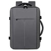 A gray expandable travel backpack designed for carrying a laptop and gear.
