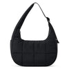Black quilted nylon shoulder bag with an adjustable strap
