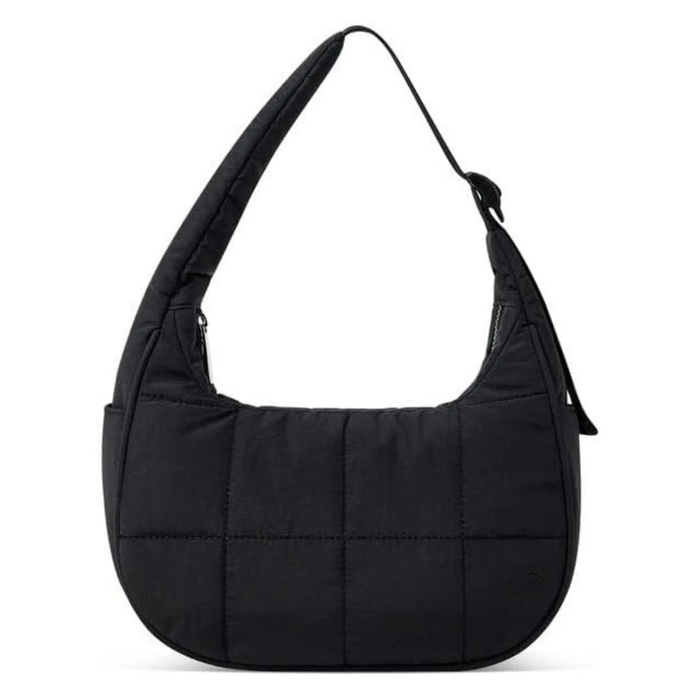Black quilted nylon shoulder bag with an adjustable strap