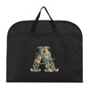 Black fabric dust cover and storage bag with a gold initial A design