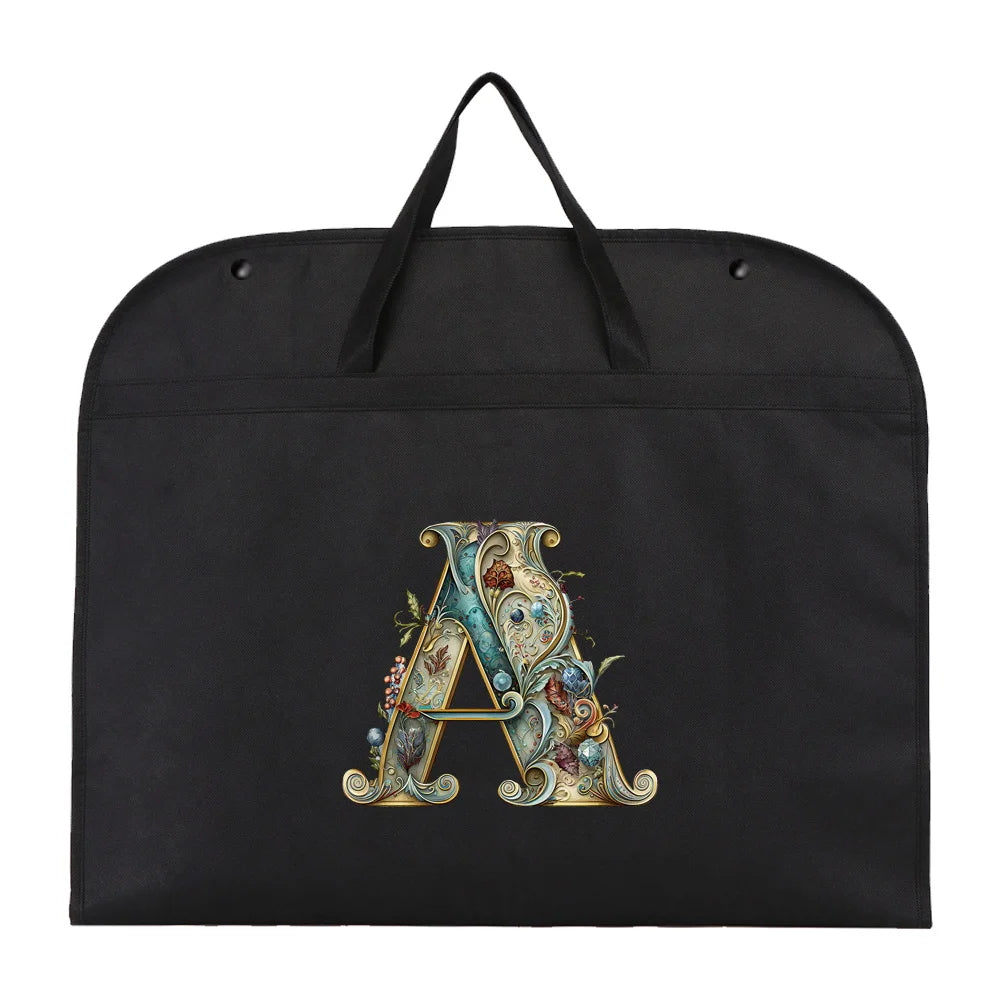 Black fabric dust cover and storage bag with a gold initial A design