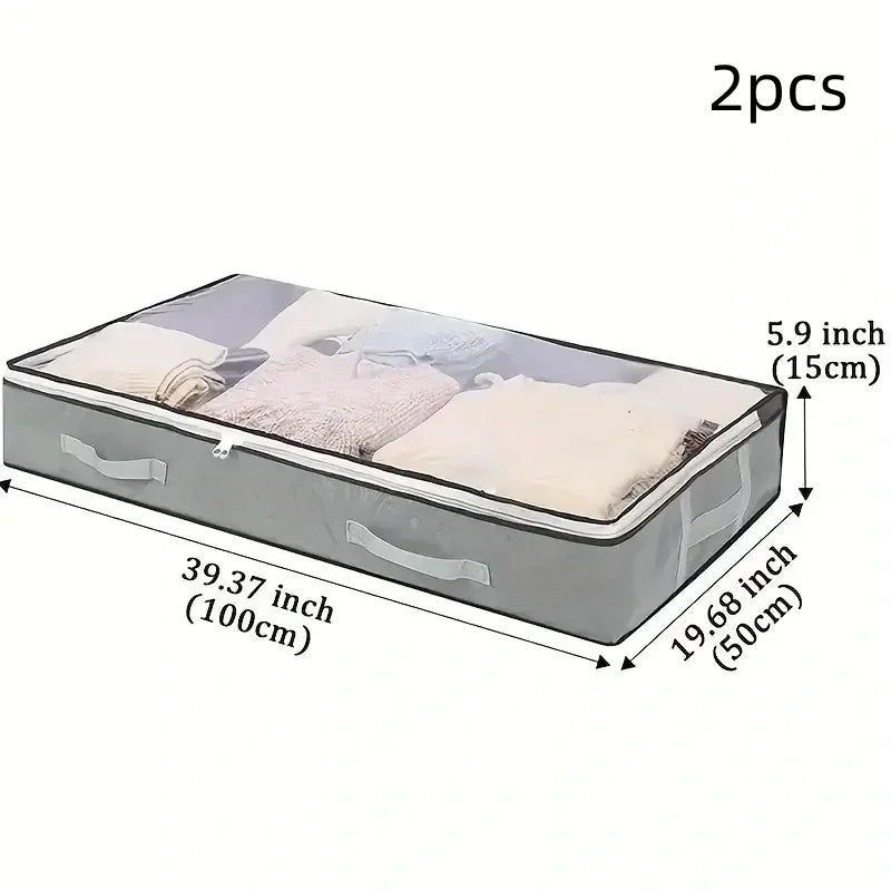 A rectangular dustproof under bed storage box with reinforced handles shown in a side view.