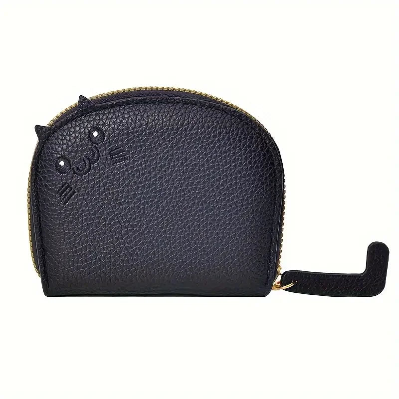 A dark navy blue faux leather multi-card wallet with a cartoon cat design and gold-toned zipper.