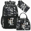 Black sports laptop backpack featuring Cristiano Ronaldo graphics and a protective rain cover.