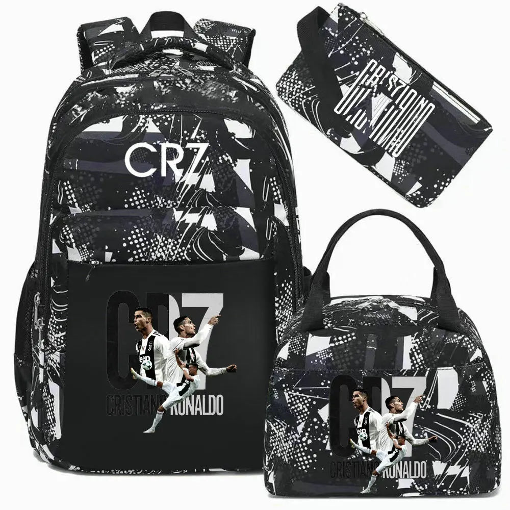 Black sports laptop backpack featuring Cristiano Ronaldo graphics and a protective rain cover.