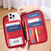 A red RFID blocking travel wallet is shown open, displaying passport and credit card slots.