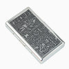 A rectangular silver metal cigarette holder featuring intricate engraved patterns.