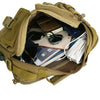 A tan tactical multifunction fanny pack is open, showing various small electronic devices and accessories inside.