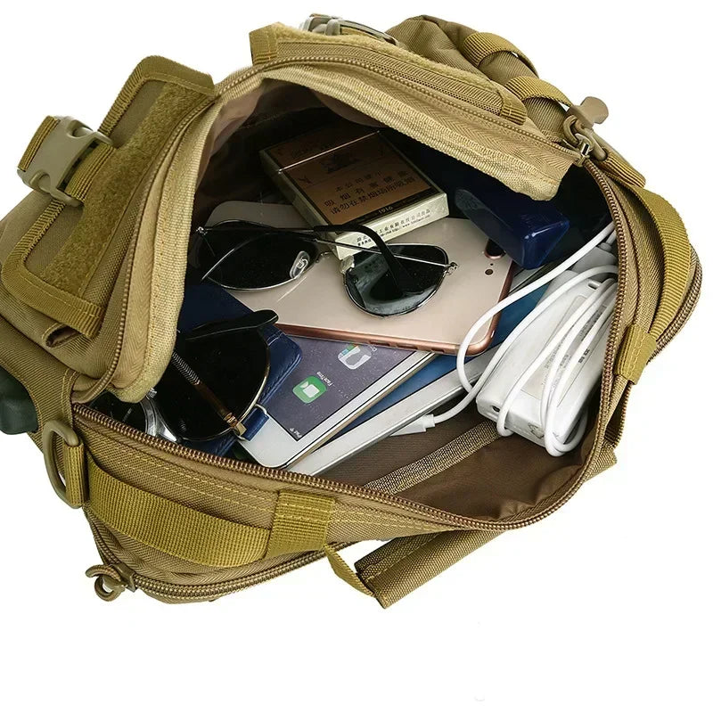 A tan tactical multifunction fanny pack is open, showing various small electronic devices and accessories inside.