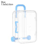 Clear plastic miniature doll suitcase with a blue handle and latch.