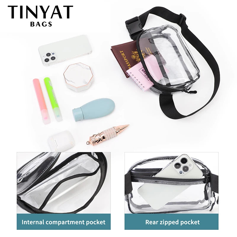 A clear PVC waist bag with an adjustable strap and various accessories shown in different views.