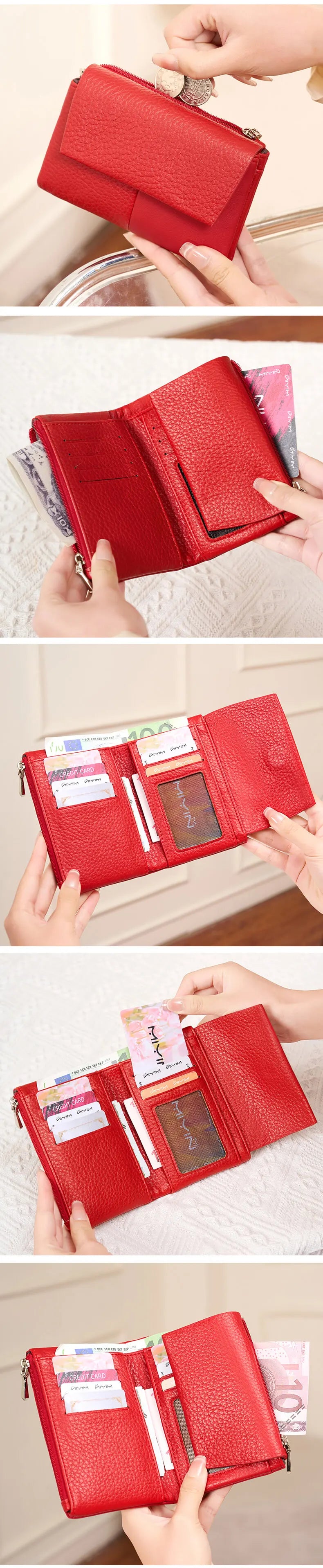 لقطة مقربة لمحفظة حمراء ثلاثية الطي بسحاب وميزات حجب خاصية RFID يتم حملها بيد.