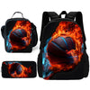 A black sports backpack featuring a fiery orange and blue graphic of a basketball.