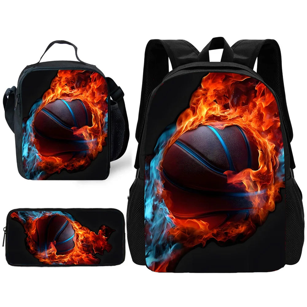 A black sports backpack featuring a fiery orange and blue graphic of a basketball.