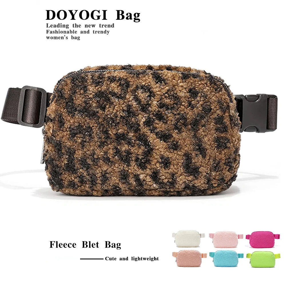 Ivory fleece belt bag featuring various pastel colors like pink, blue, and green.