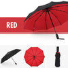 A red heavy-duty windproof automatic umbrella shown open and closed, with a black carrying case.
