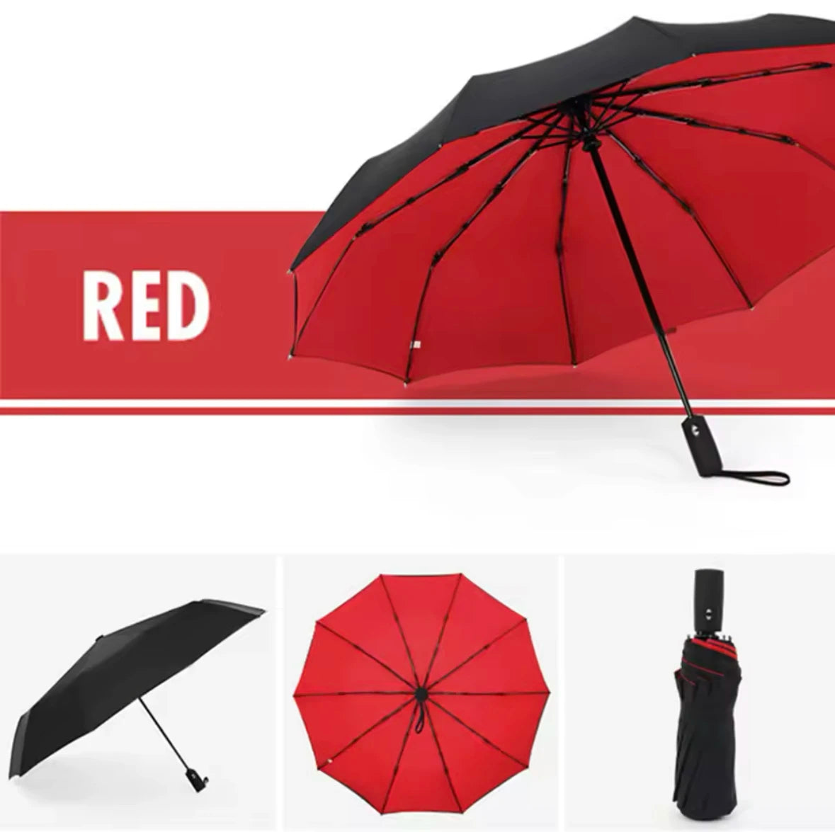 A red heavy-duty windproof automatic umbrella shown open and closed, with a black carrying case.
