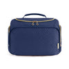 Navy quilted cosmetic organizer bag with a gold zipper and handle