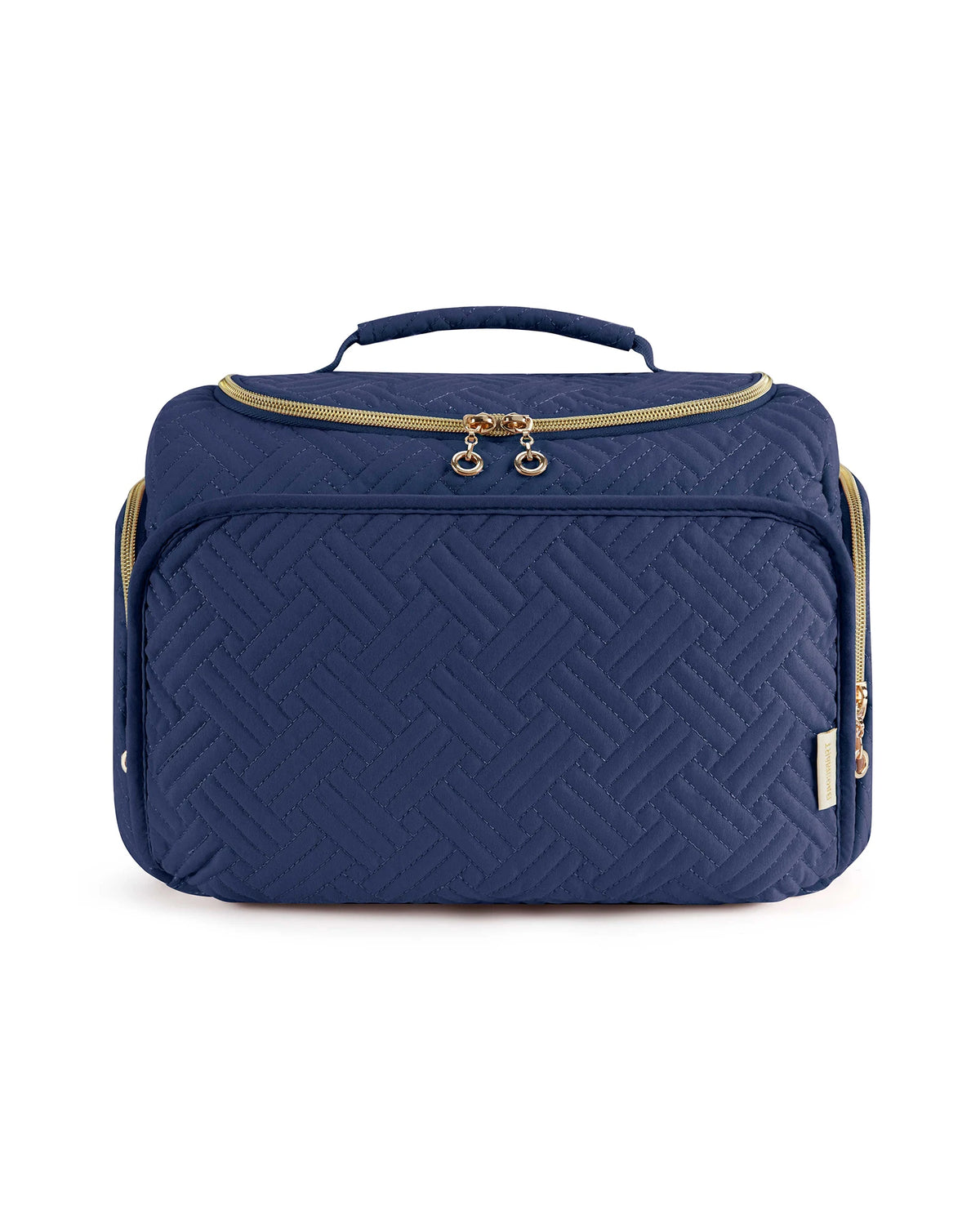 Navy quilted cosmetic organizer bag with a gold zipper and handle