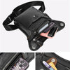 Black multi-purpose PU waist pack bag with a zipper and a smartphone inside