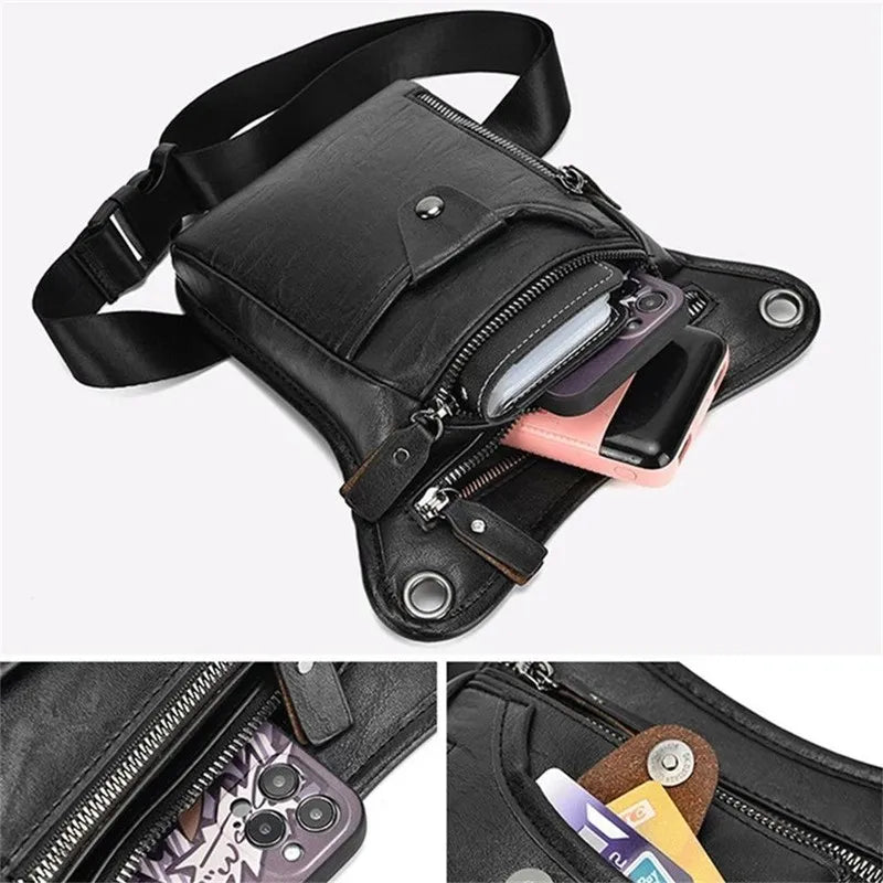 Black multi-purpose PU waist pack bag with a zipper and a smartphone inside
