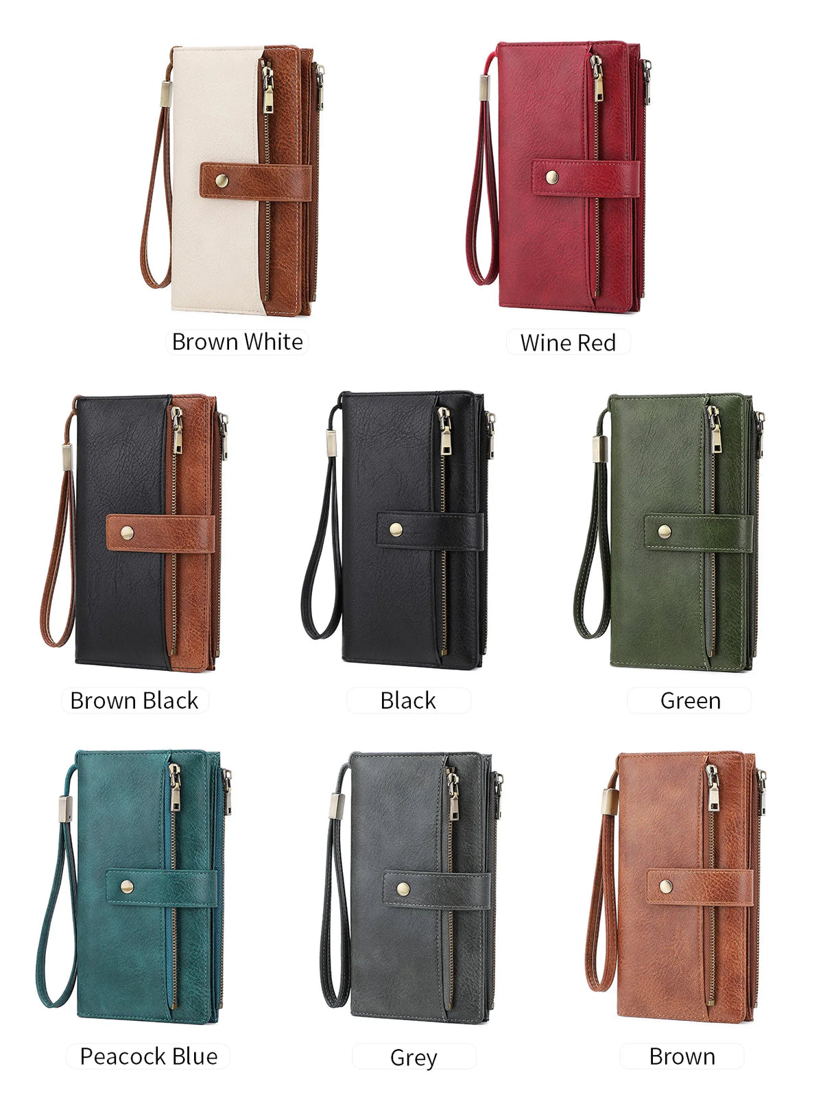 Colección de carteras de cuero para mujer en varios colores como marrón, negro, rojo, verde y azul.