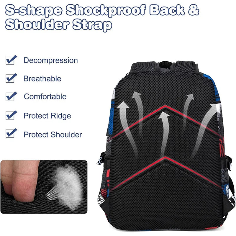 Black backpack with S-shape shockproof back and shoulder strap featuring breathable and protective features