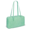 A mint green nylon shoulder tote bag with a leopard print texture and long fabric handles.