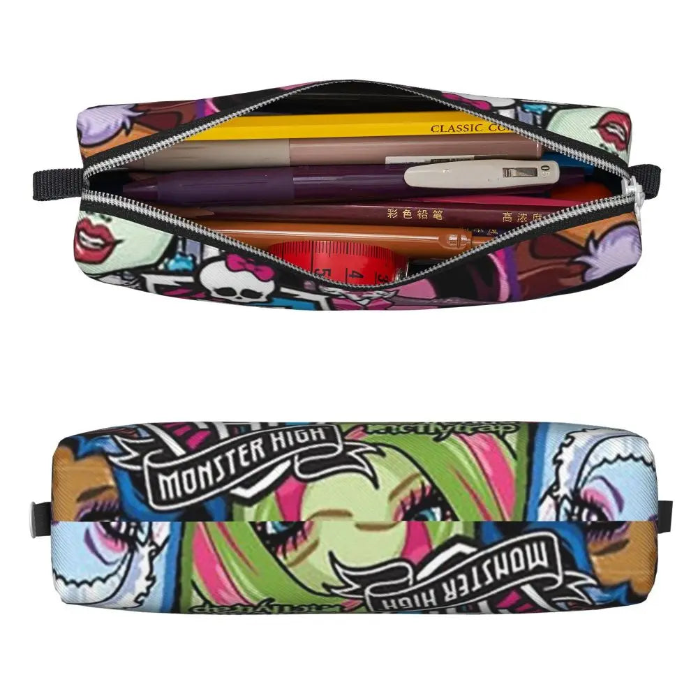 A colorful, patterned leather pencil case with a zipper containing various writing instruments.