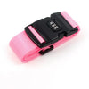 Pink adjustable luggage strap with a black combination lock and buckle.
