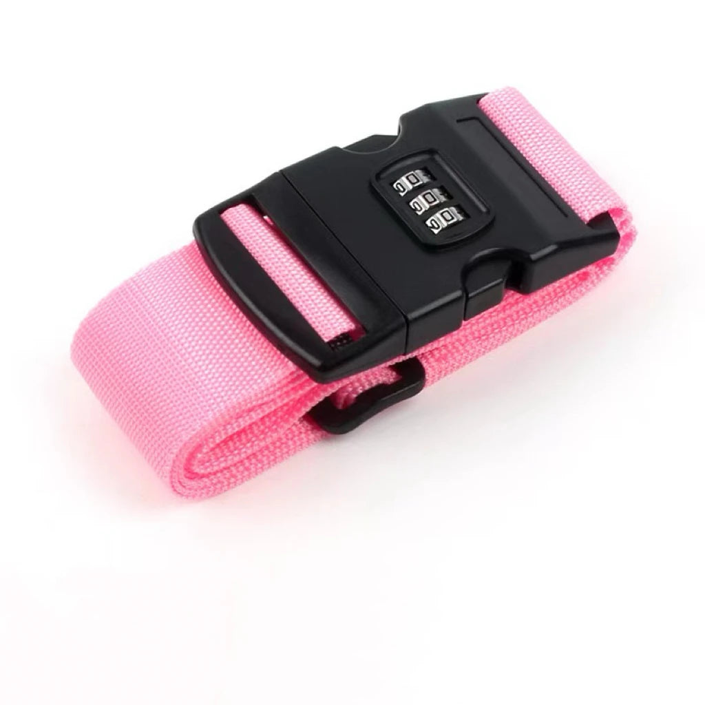 Pink adjustable luggage strap with a black combination lock and buckle.