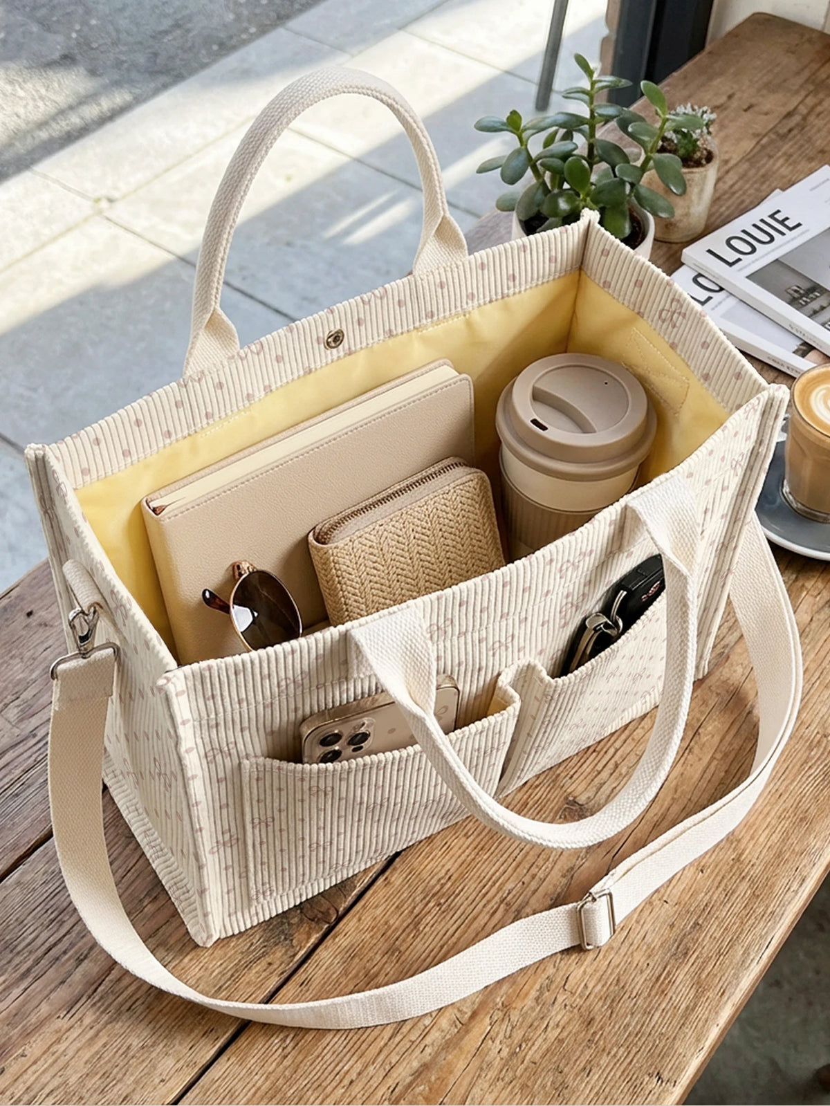 Un sac en velours beige contenant un portefeuille rose pâle, une tasse en céramique et un smartphone sur une table en bois.