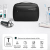 Black travel toiletry organizer bag with a YKK zipper and tiered storage for men's grooming products