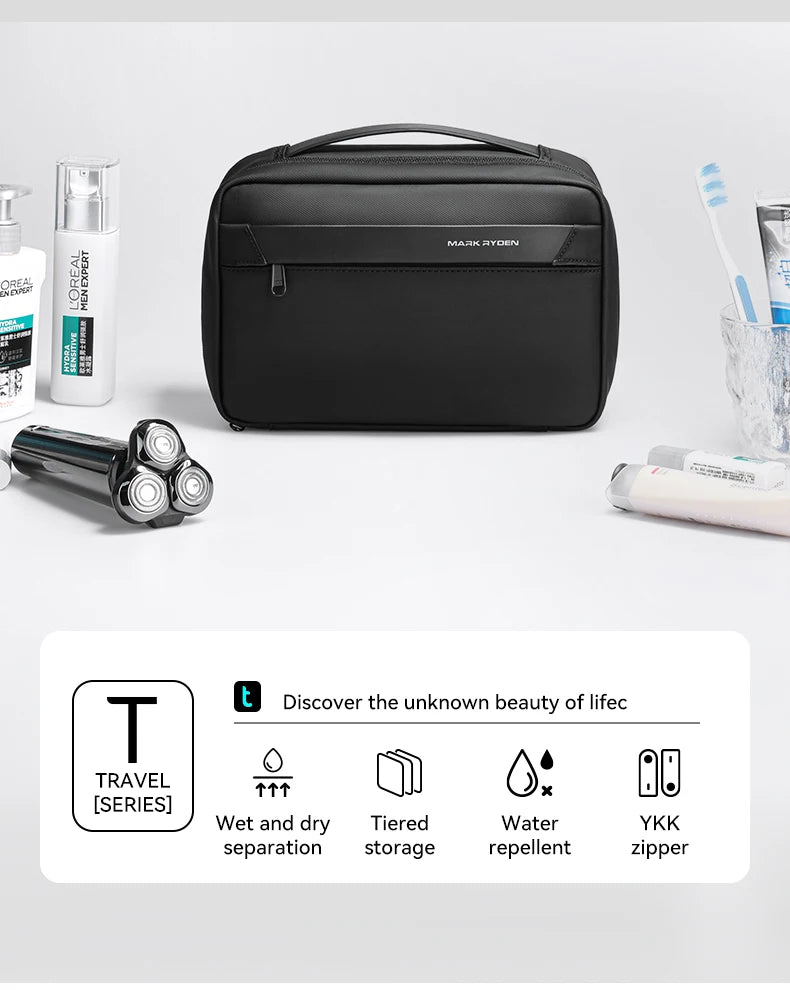 Black travel toiletry organizer bag with a YKK zipper and tiered storage for men's grooming products