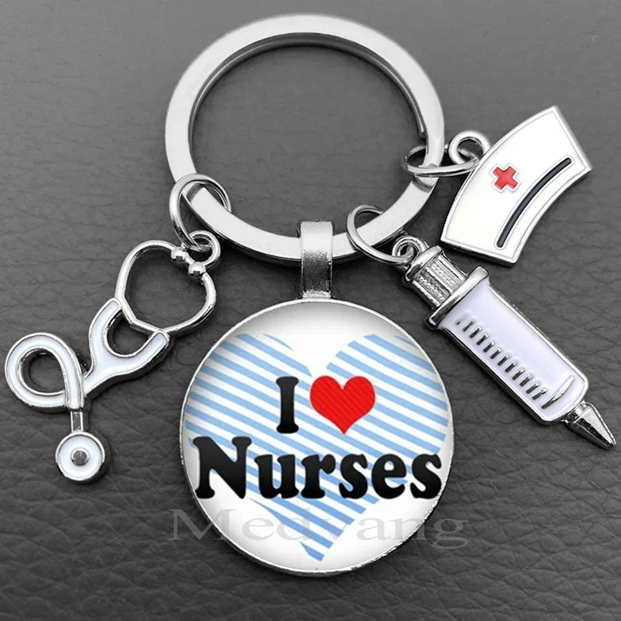 Silver keychain featuring a heart and the text I love Nurses with a stethoscope charm