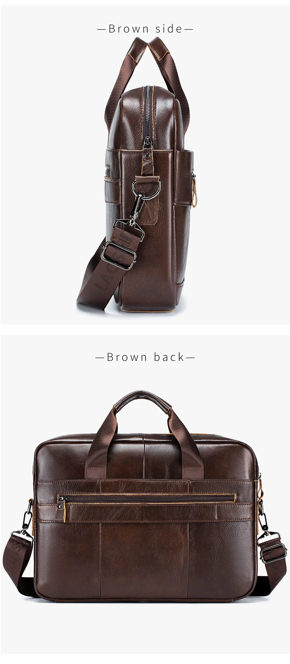 A brown genuine cowhide leather briefcase bag shown from the side and back.