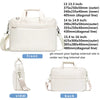 A cream-colored laptop bag or sleeve shown from the front, side, and back views with various size specifications.