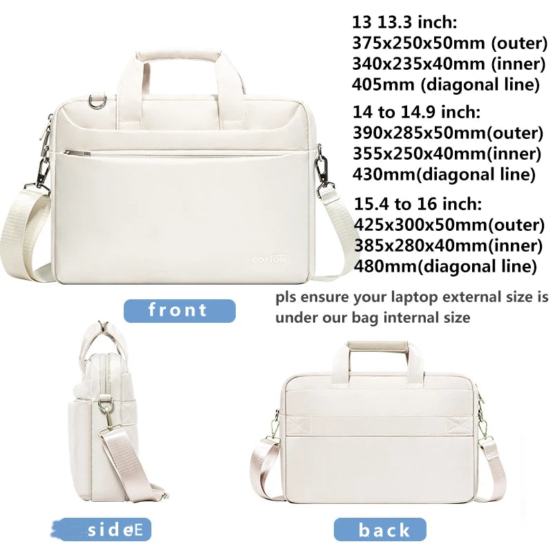 A cream-colored laptop bag or sleeve shown from the front, side, and back views with various size specifications.