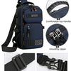 A navy blue multifunctional chest bag with an adjustable strap, zipper, and portable carabiners shown in detail.