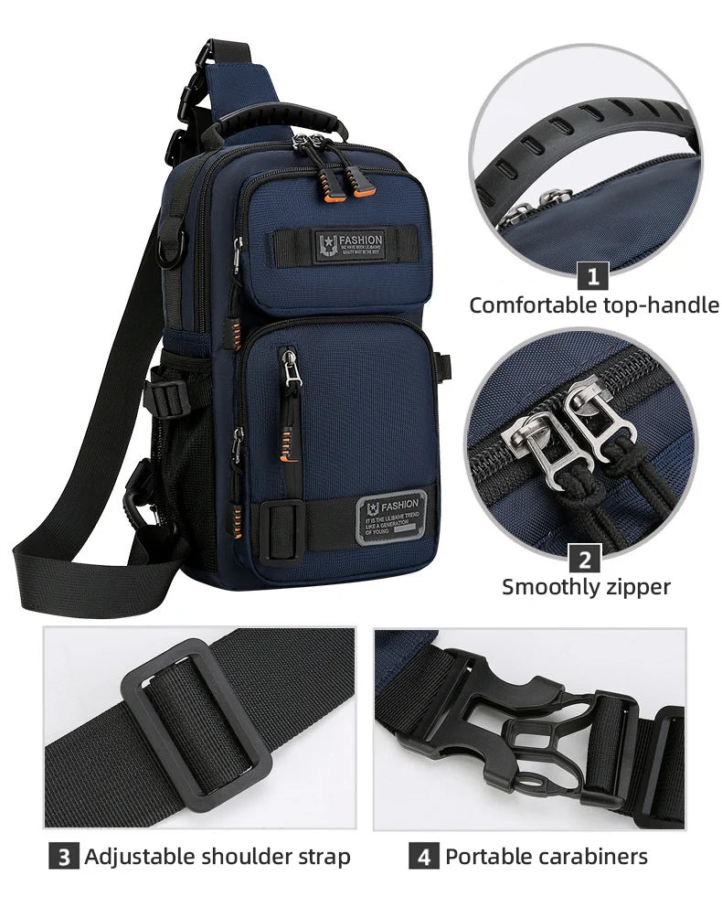A navy blue multifunctional chest bag with an adjustable strap, zipper, and portable carabiners shown in detail.