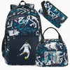 A dark blue and white sports laptop backpack with a matching rain cover displayed against a white background.