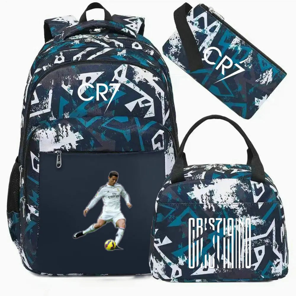 A dark blue and white sports laptop backpack with a matching rain cover displayed against a white background.