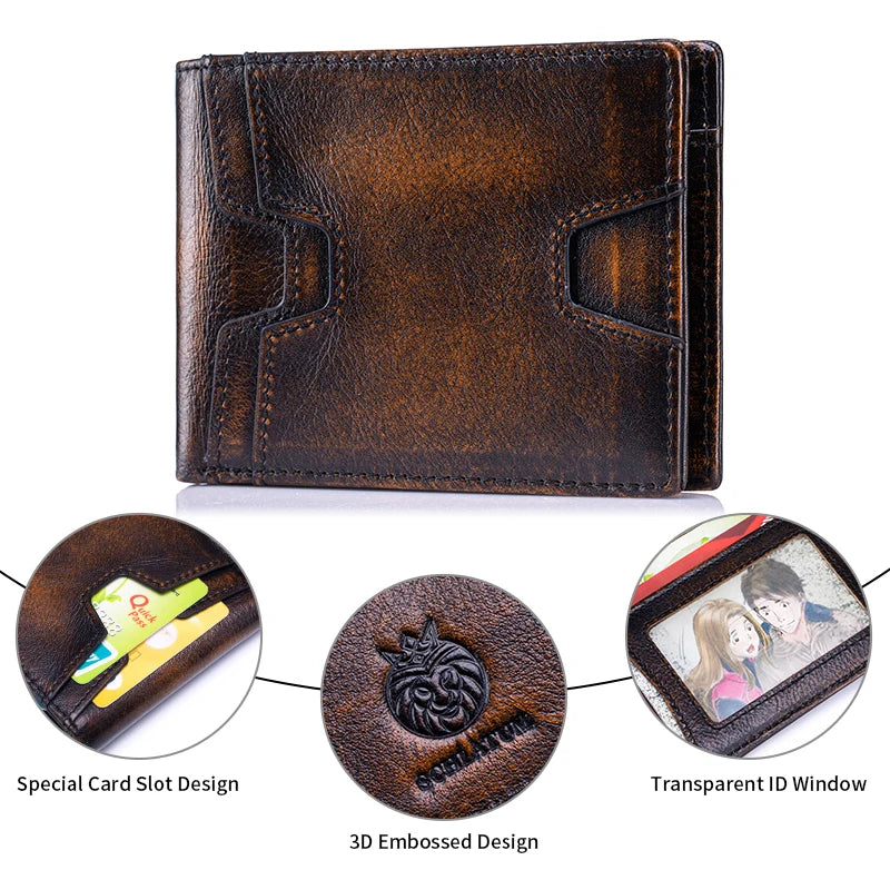 A brown leather wallet featuring a special card slot design, 3D embossed design, and transparent ID window.
