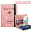 Pink passport wallet with charm eternity design and RFID blocking feature.