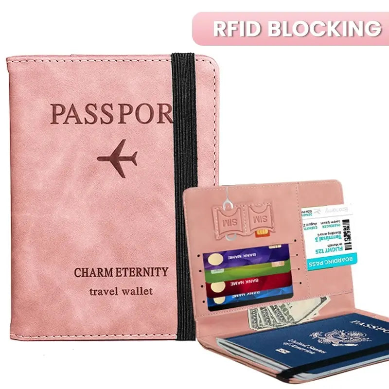 Pink passport wallet with charm eternity design and RFID blocking feature.