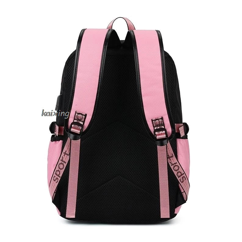A pink and black canvas backpack with a sporty design and adjustable straps.