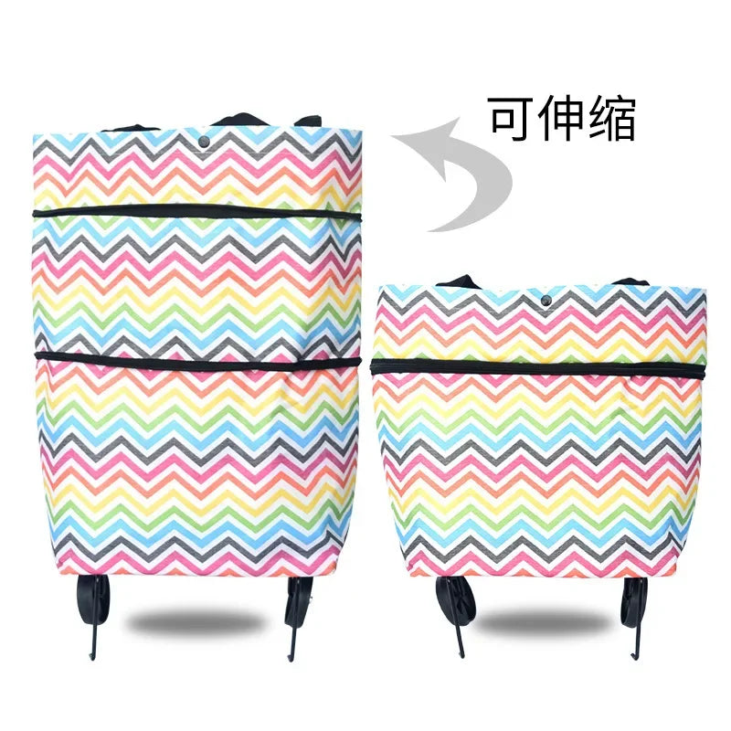 A colorful, striped folding shopping trolley bag with black accents.