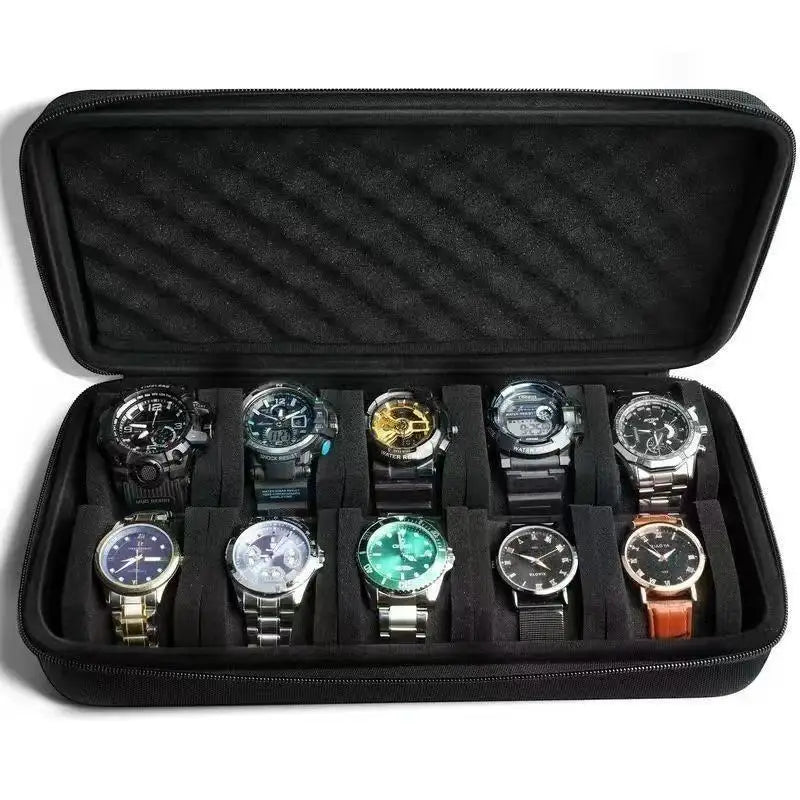 A black leather watch organizer travel case containing multiple wristwatches.