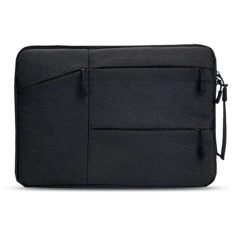A black premium waterproof laptop sleeve designed to protect a MacBook.